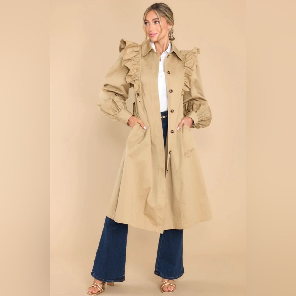 Women's Tan Ruffle Trench Coat